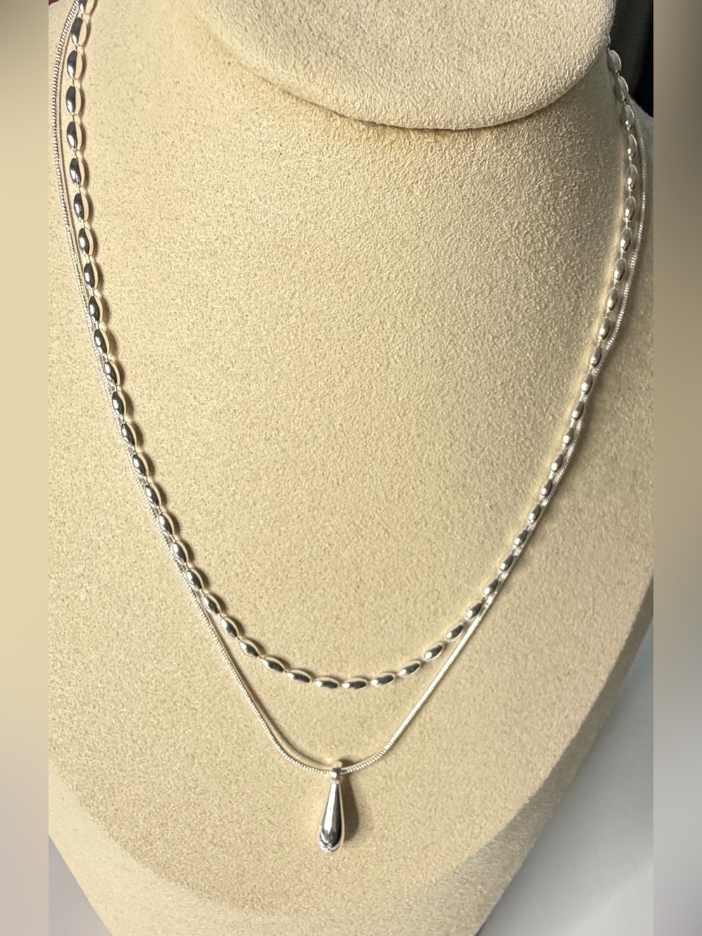 925 Sterling Silver Layered Necklace Teardrop Pendant Double Chain 18” New